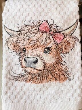 Embroidered Highland Cow Tea Towel with Pink Bow